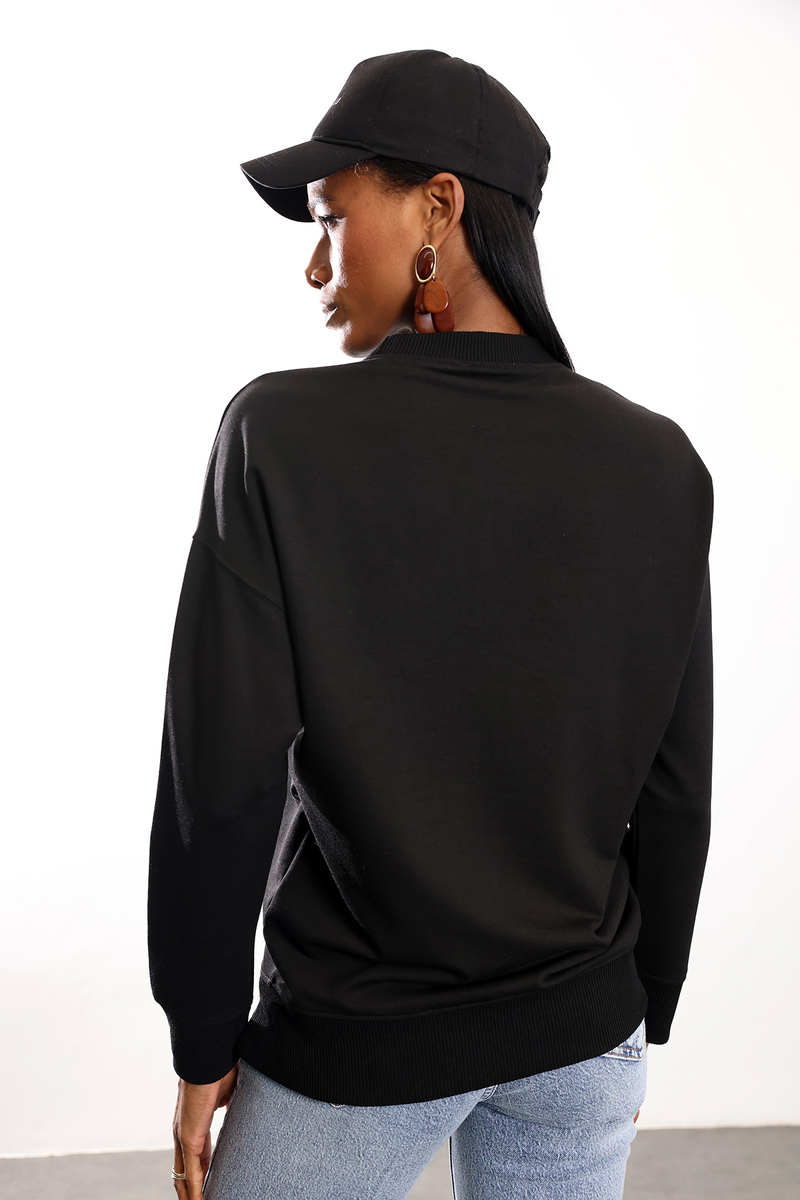 Siyah Bisiklet Yaka Basic Sweatshirt 9002