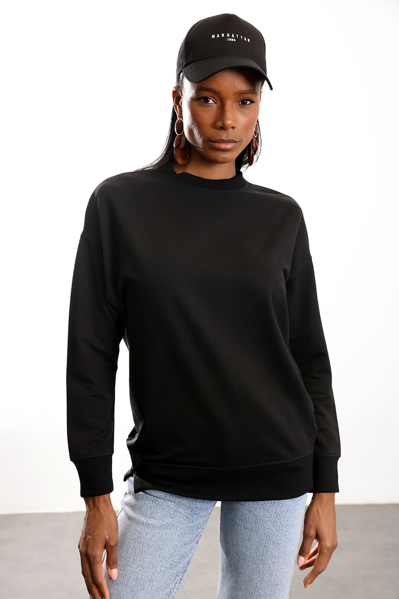 Siyah Bisiklet Yaka Basic Sweatshirt 9002