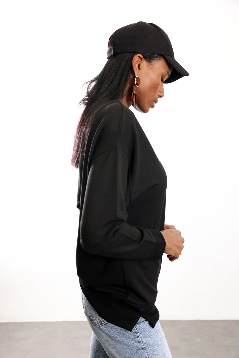 Siyah Bisiklet Yaka Basic Sweatshirt 9002
