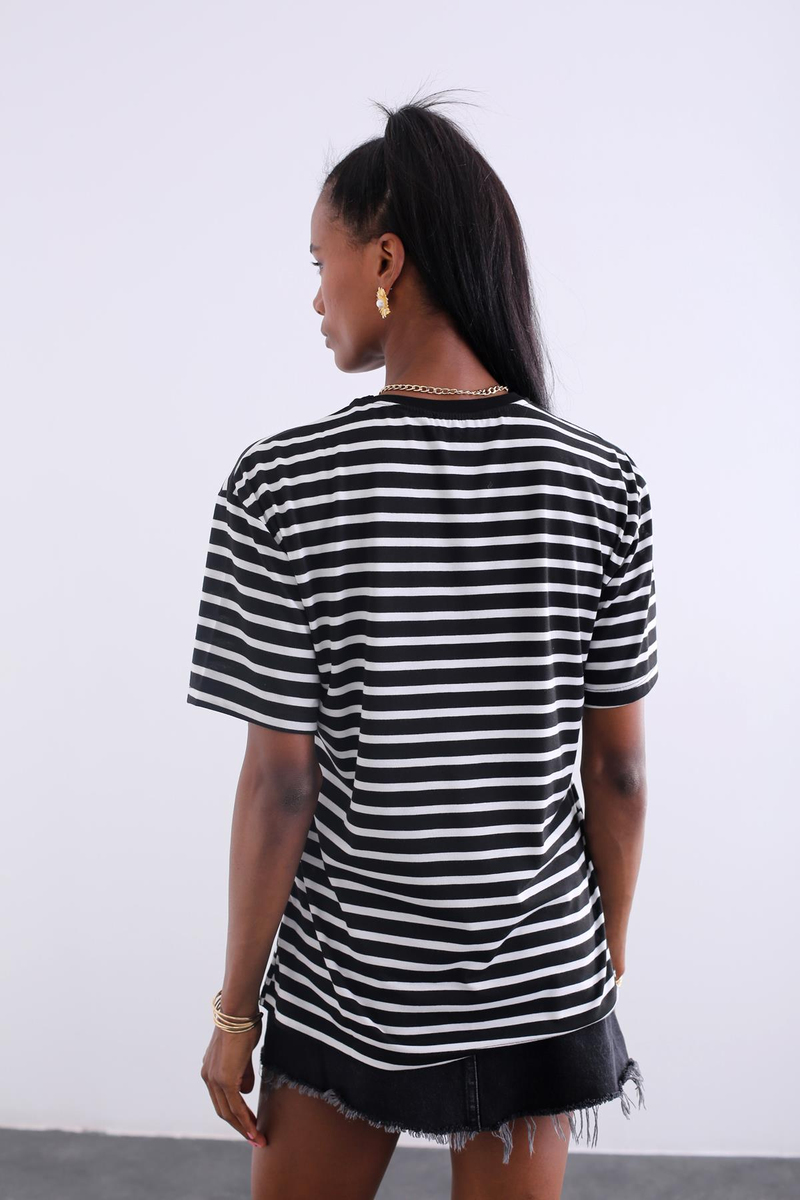Siyah Bisiklet Yaka Çizgili Tshirt 223690