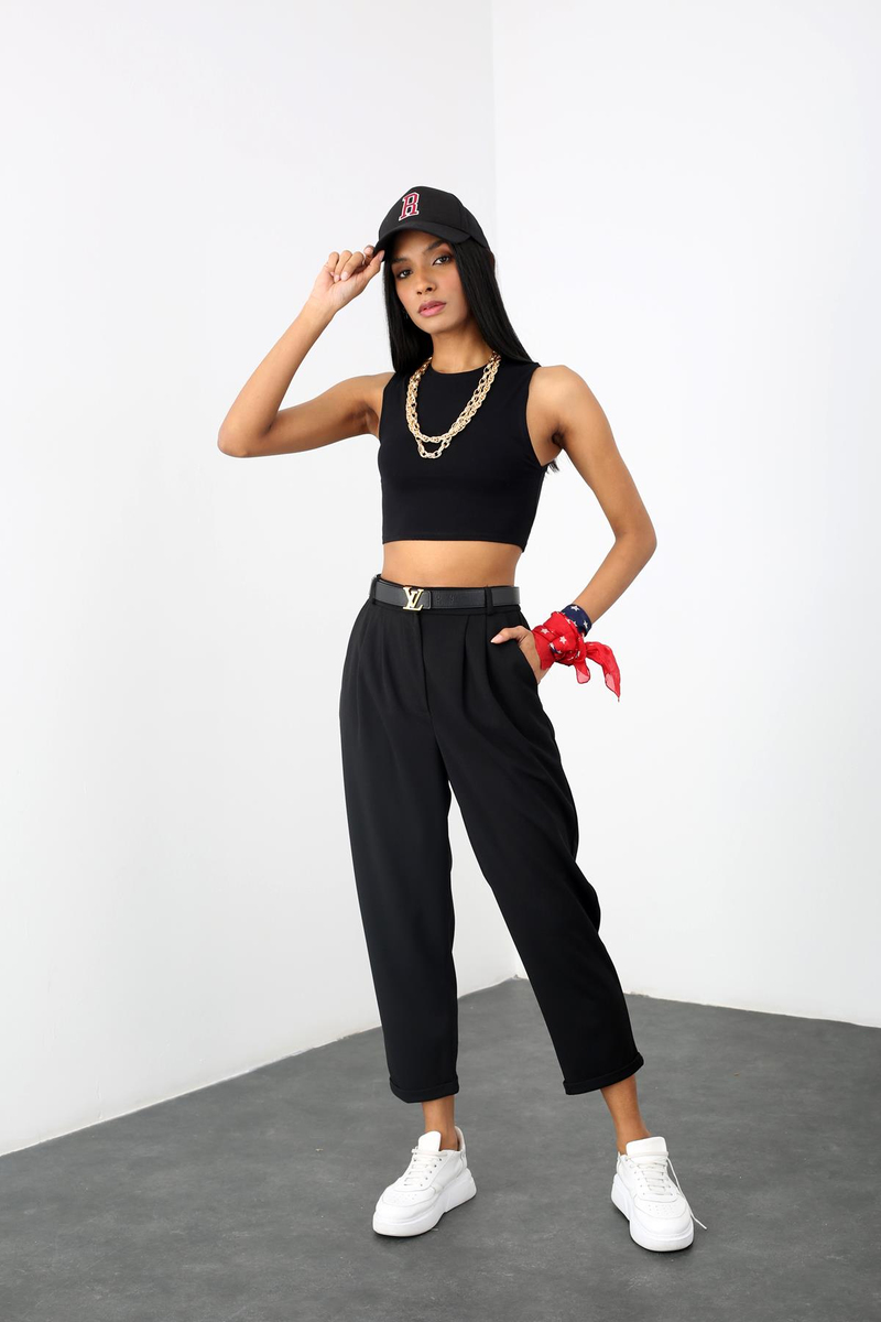 Siyah Bisiklet Yaka Crop 0258