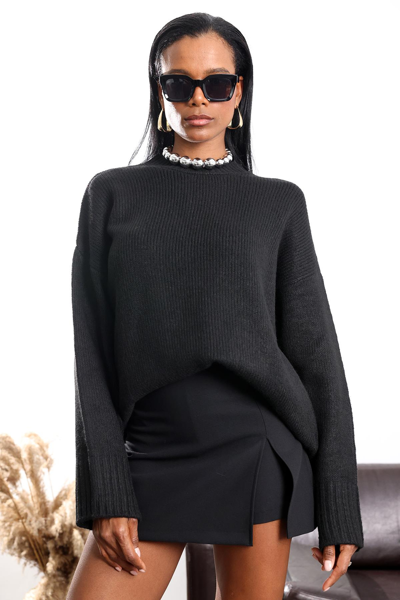 Siyah Bisiklet Yaka Oversize Kazak 251103