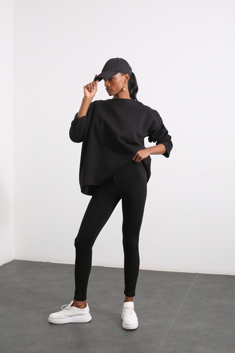 Siyah Bisiklet Yaka Oversize Sweatshirt 1114