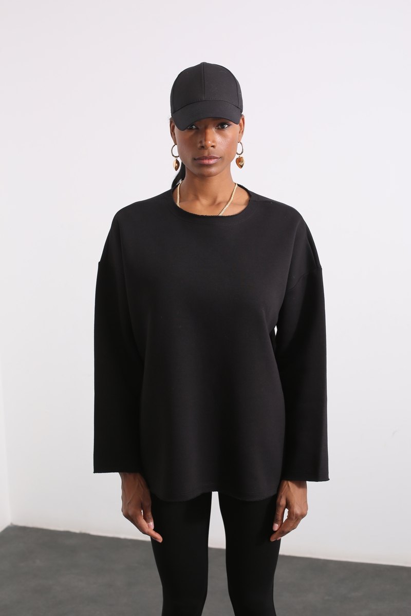Siyah Bisiklet Yaka Oversize Sweatshirt 1114