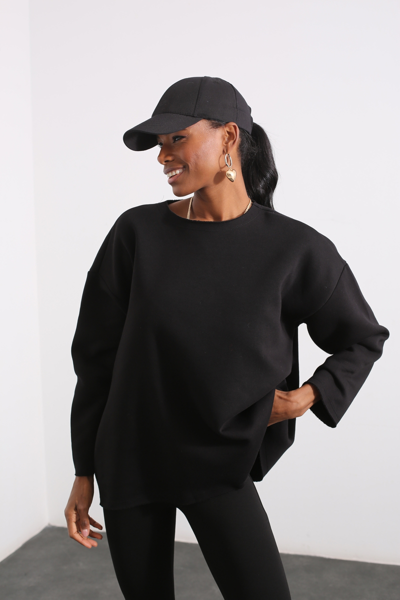 Siyah Bisiklet Yaka Oversize Sweatshirt 1114