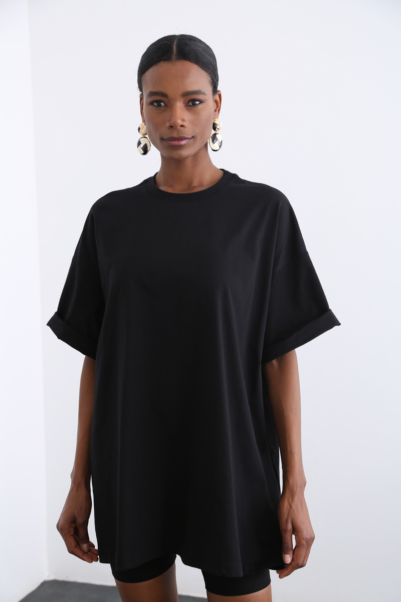 Siyah Bisiklet Yaka Oversize Tshirt 12135