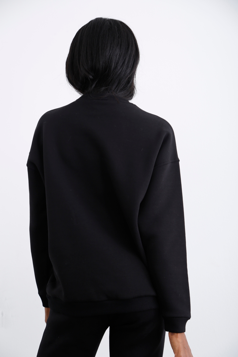 Siyah Bisiklet Yaka Şardonlu Sweatshirt 