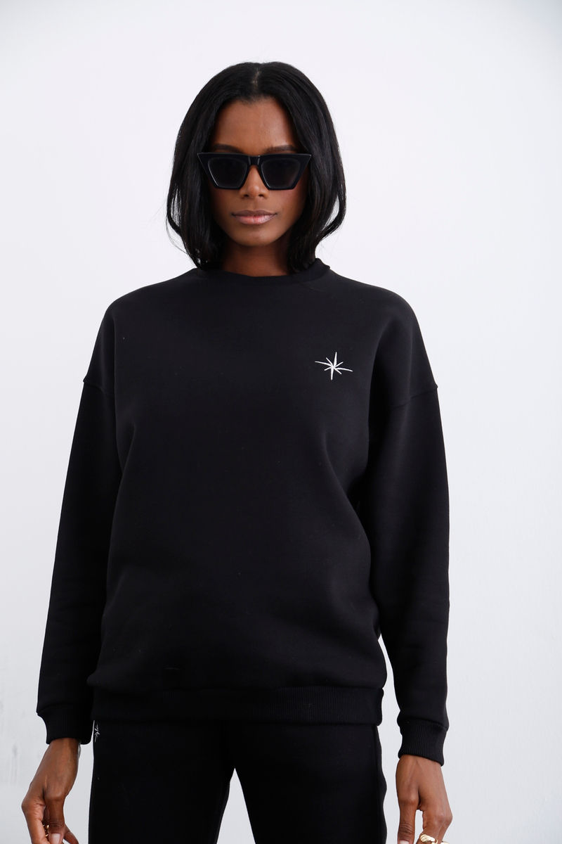 Siyah Bisiklet Yaka Şardonlu Sweatshirt 