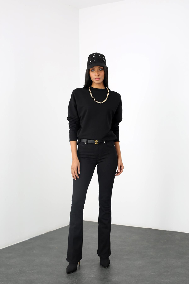 Siyah Bisiklet Yaka Sweatshirt 
