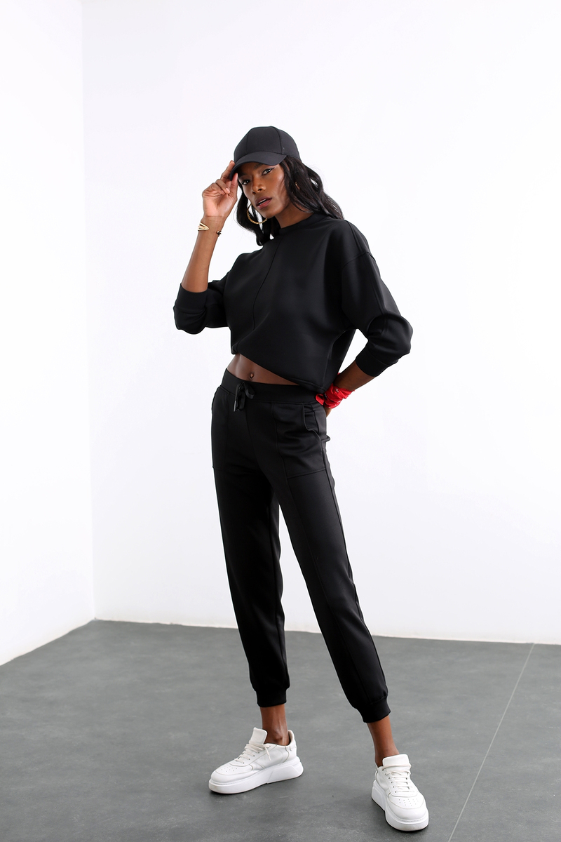 Siyah Bisiklet Yaka Sweatshirt Takım 4587
