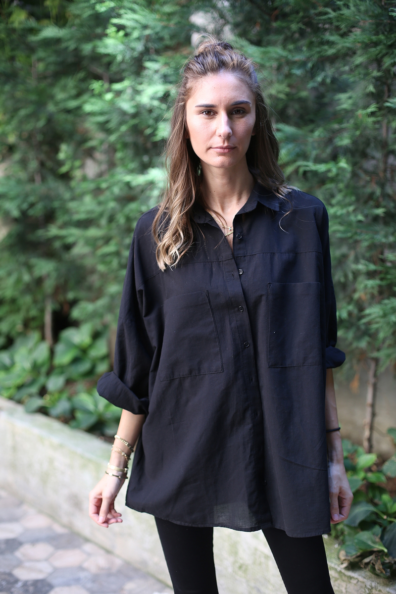 Siyah Çift Cepli Oversize Gömlek