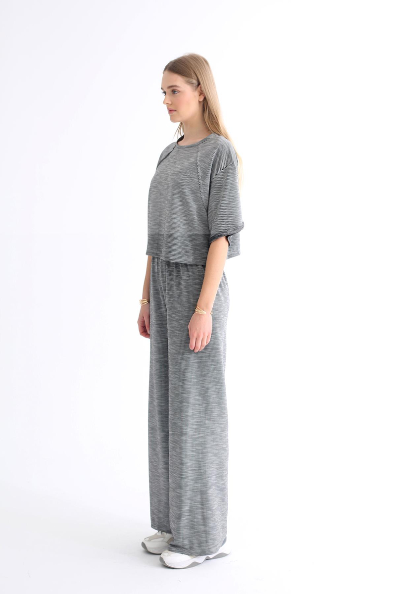 Siyah Çizgili Crop Pantolon Takım 1260