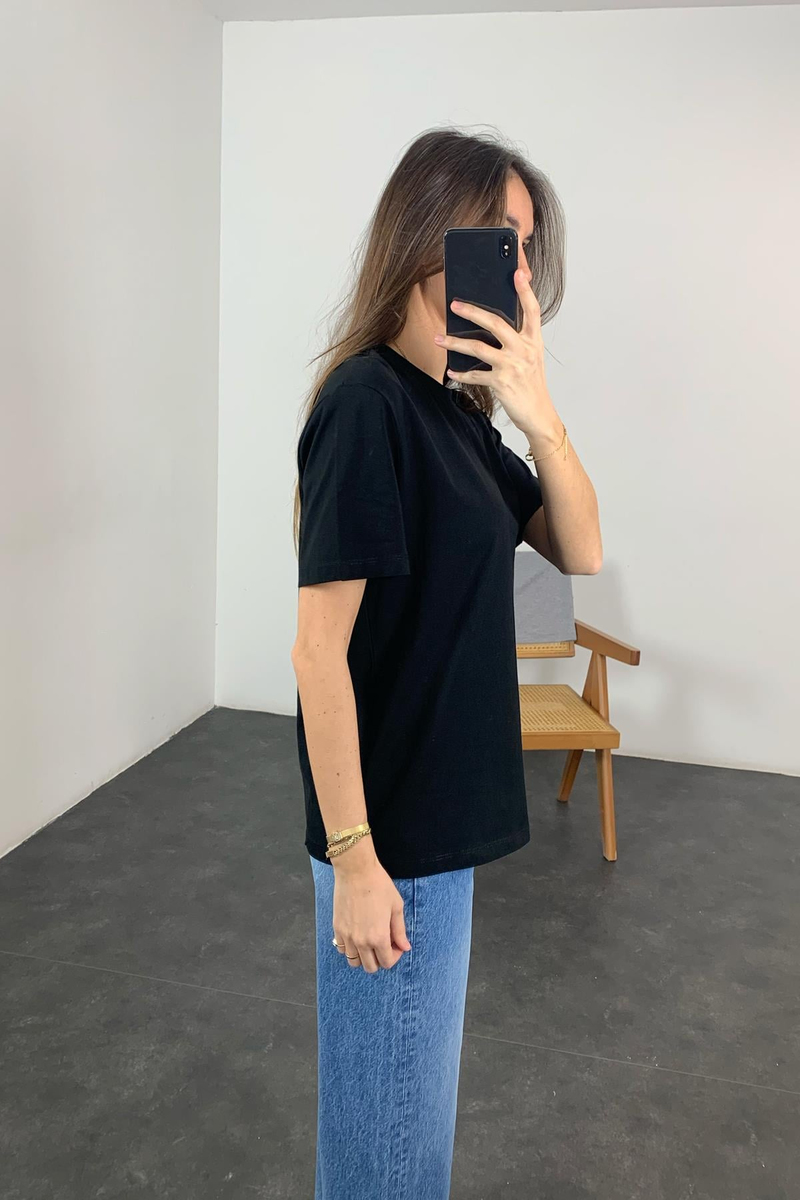 Siyah Comfort Tok Dokulu Basic Tişört 