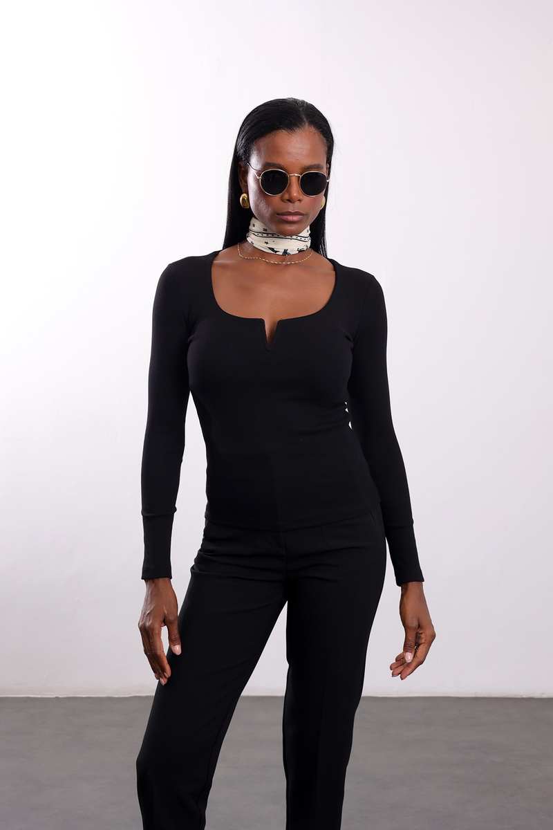 Siyah Damla Yaka Fitilli Bluz 2260