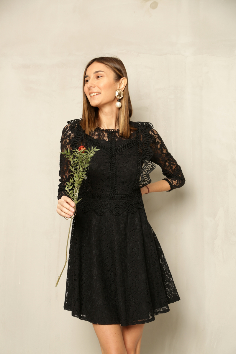 Siyah Dantel Elbise D86139