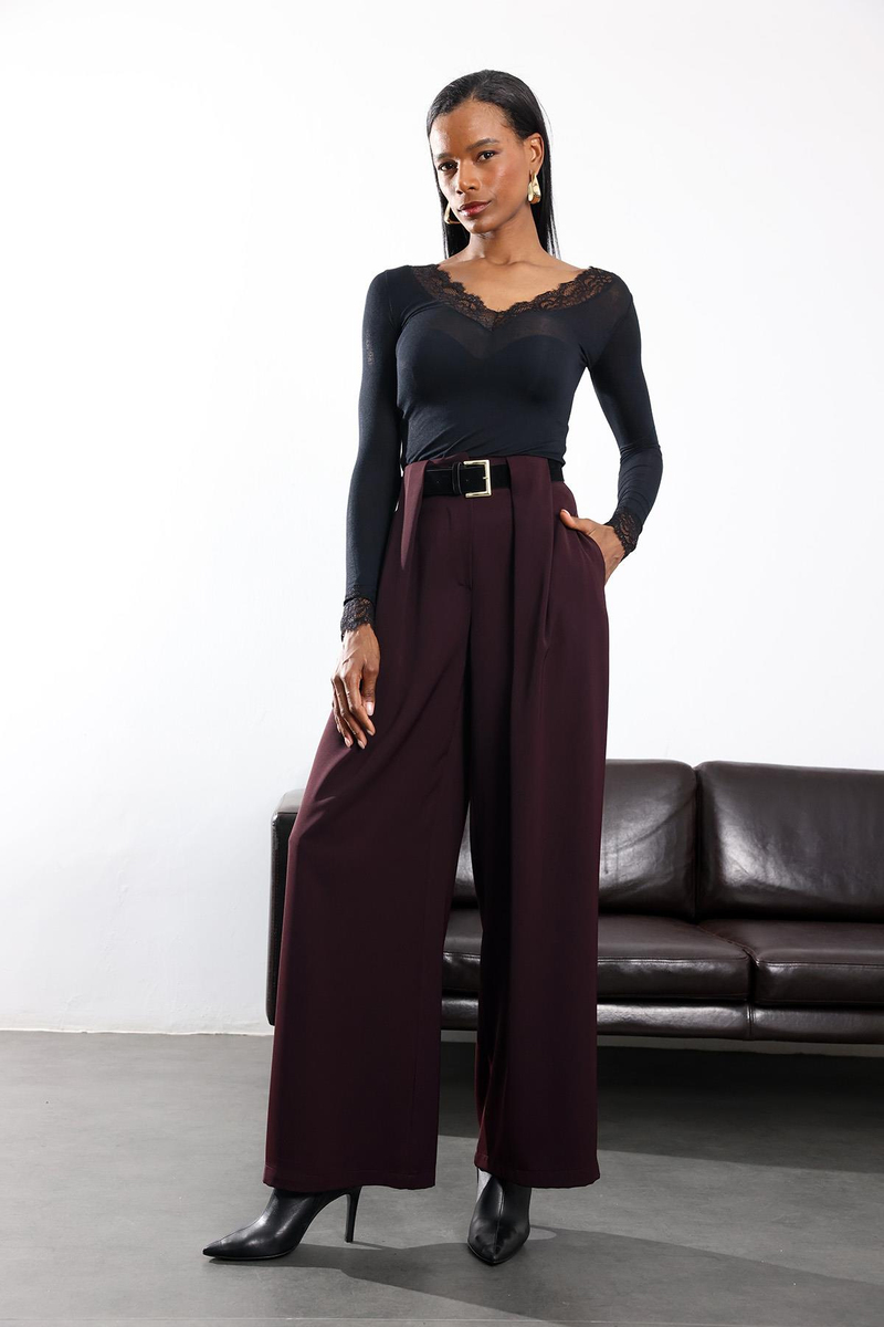 Siyah Dantelli Modal Kaşmir Uzun Kollu Bluz 