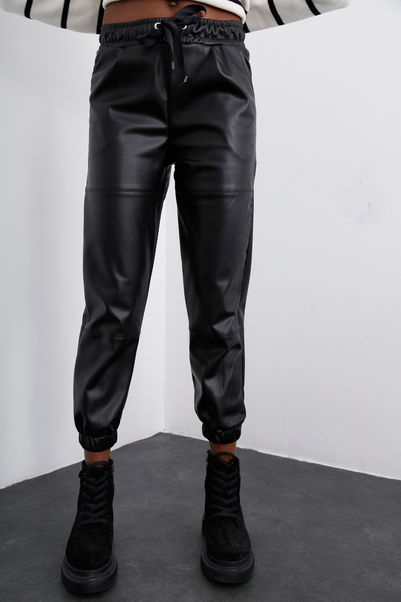 Siyah Deri Jogger Pantolon 24327