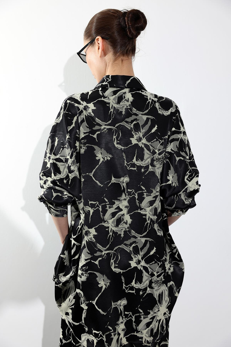Siyah Desenli Oversize Saten Gömlek 34754