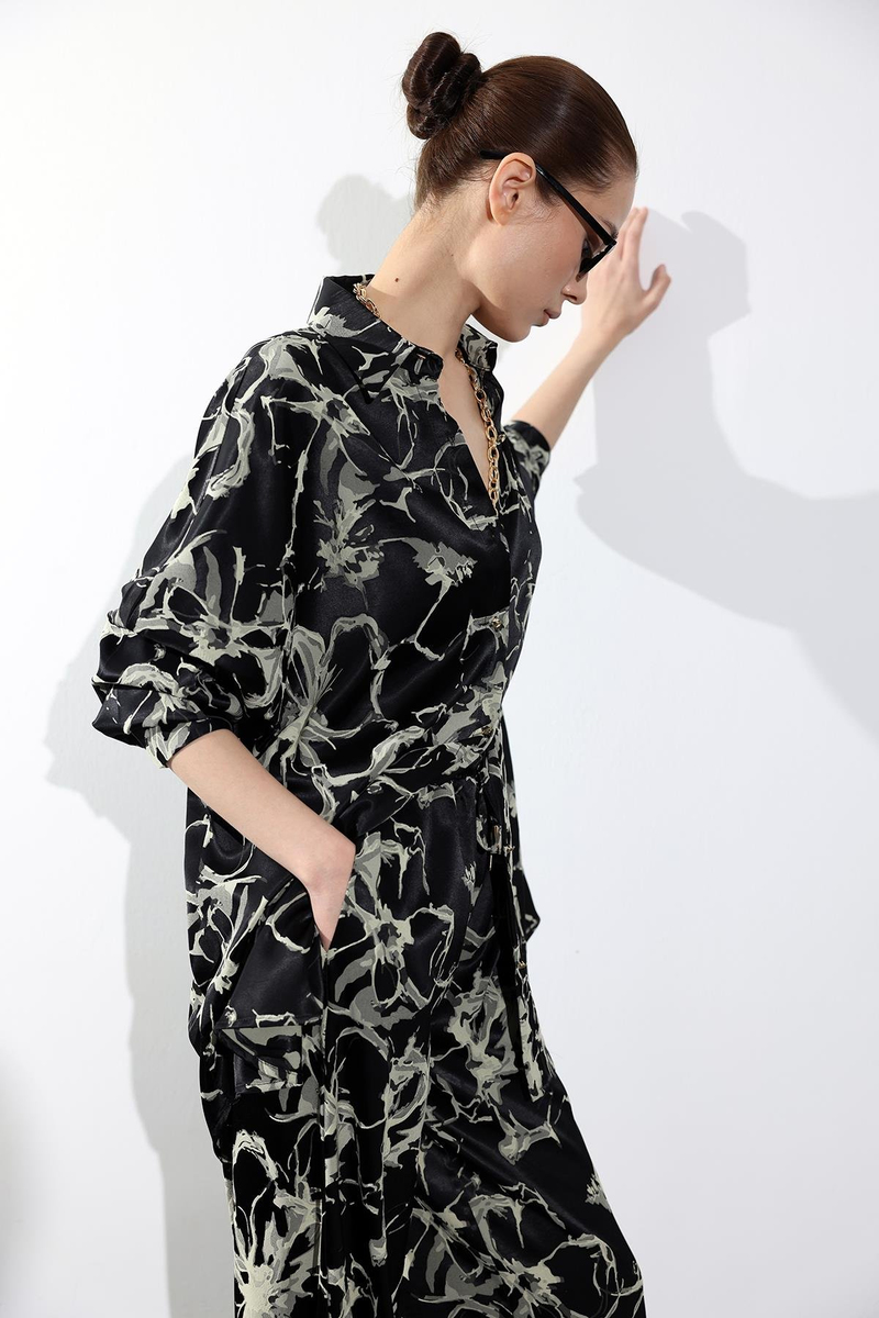 Siyah Desenli Oversize Saten Gömlek 34754