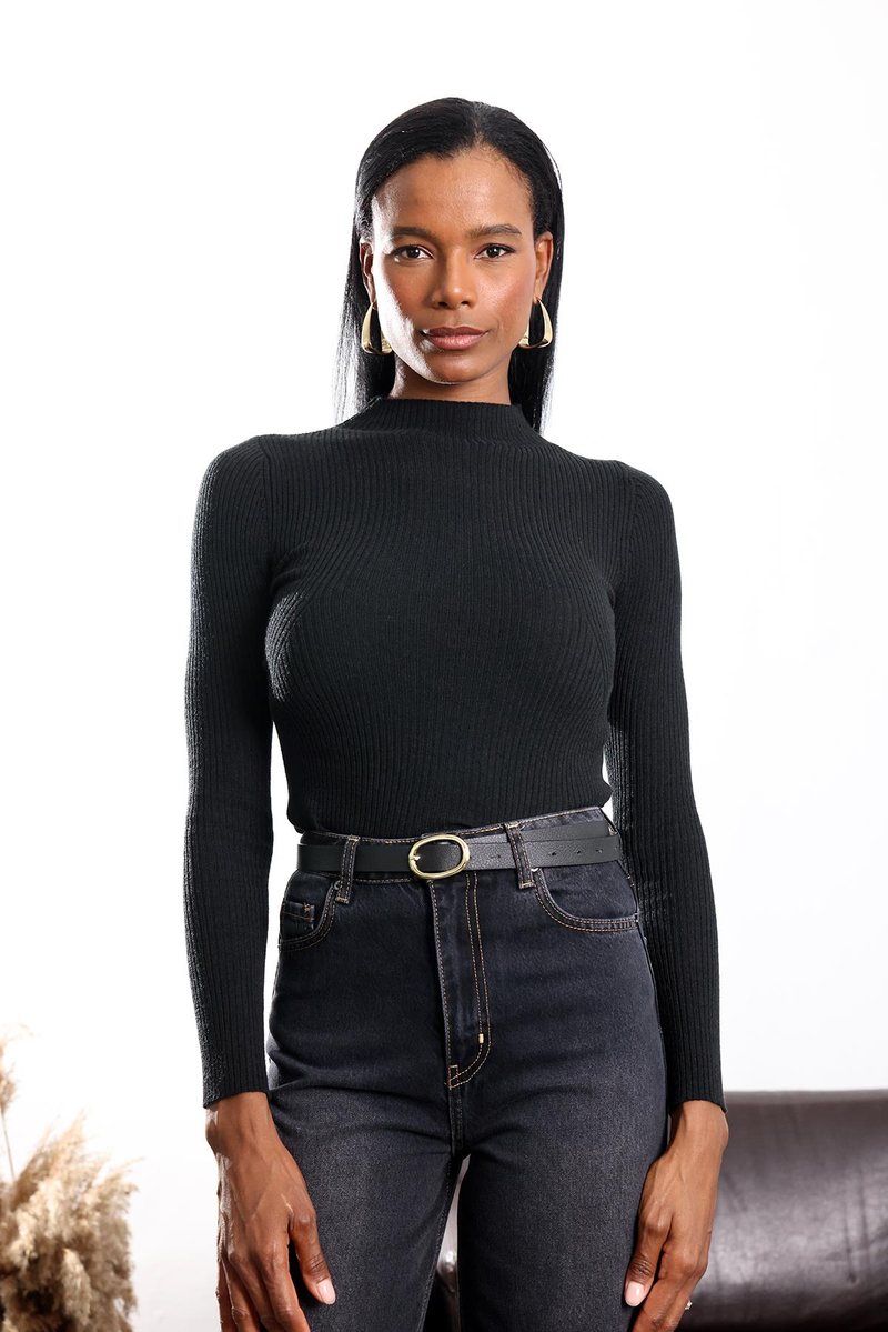 Siyah Dik Yaka Basic Triko 