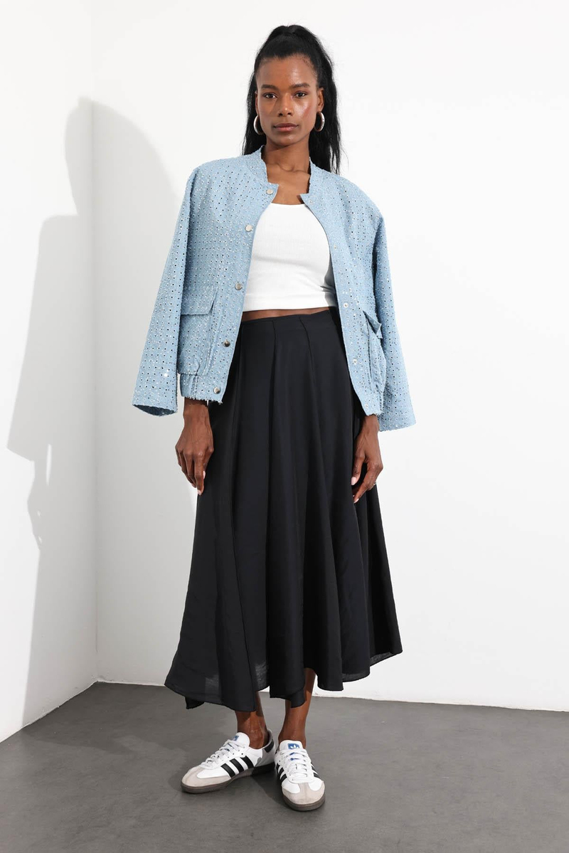 Siyah Dikiş Detaylı Maxi Boy Etek 3280