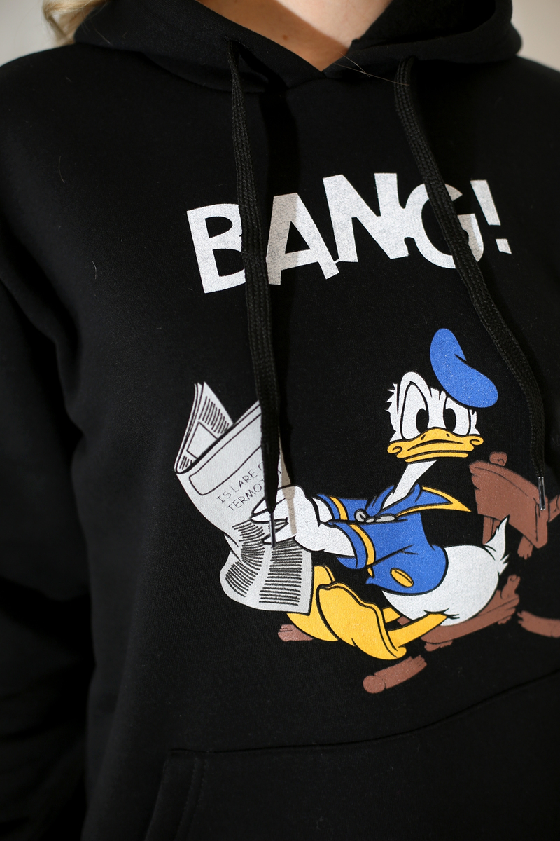 Siyah Donald Duck Baskılı Kapşonlu Sweatshirt