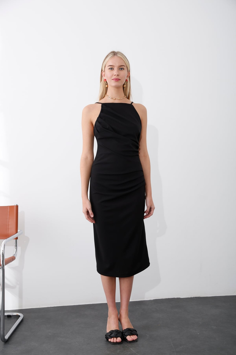Siyah Drape Detaylı Askılı Elbise 0805