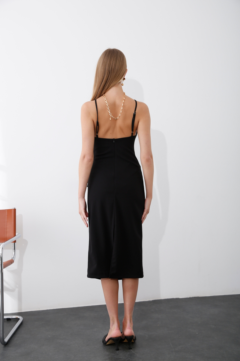 Siyah Drape Detaylı Askılı Elbise 0805