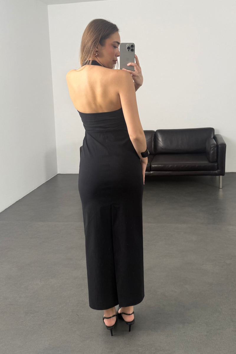 Siyah Drape Detaylı Midi Boy Elbise 12432