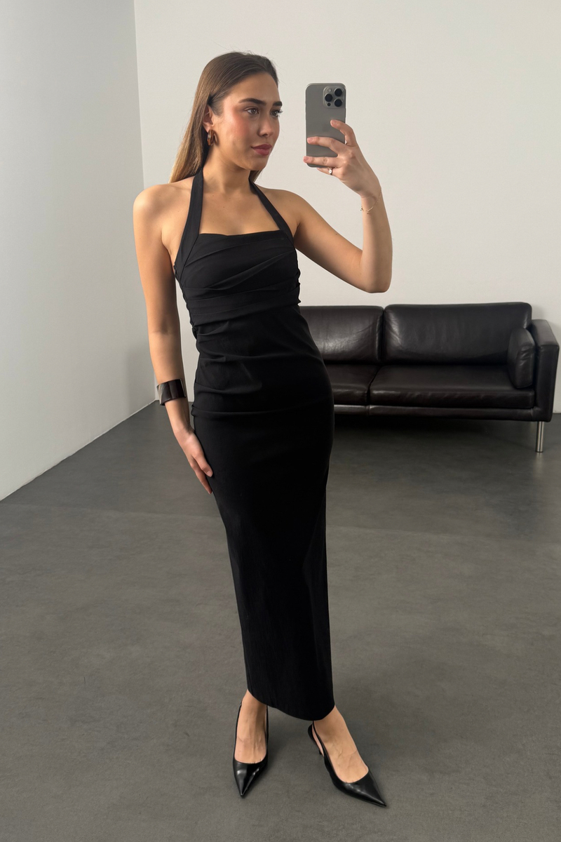 Siyah Drape Detaylı Midi Boy Elbise 12432