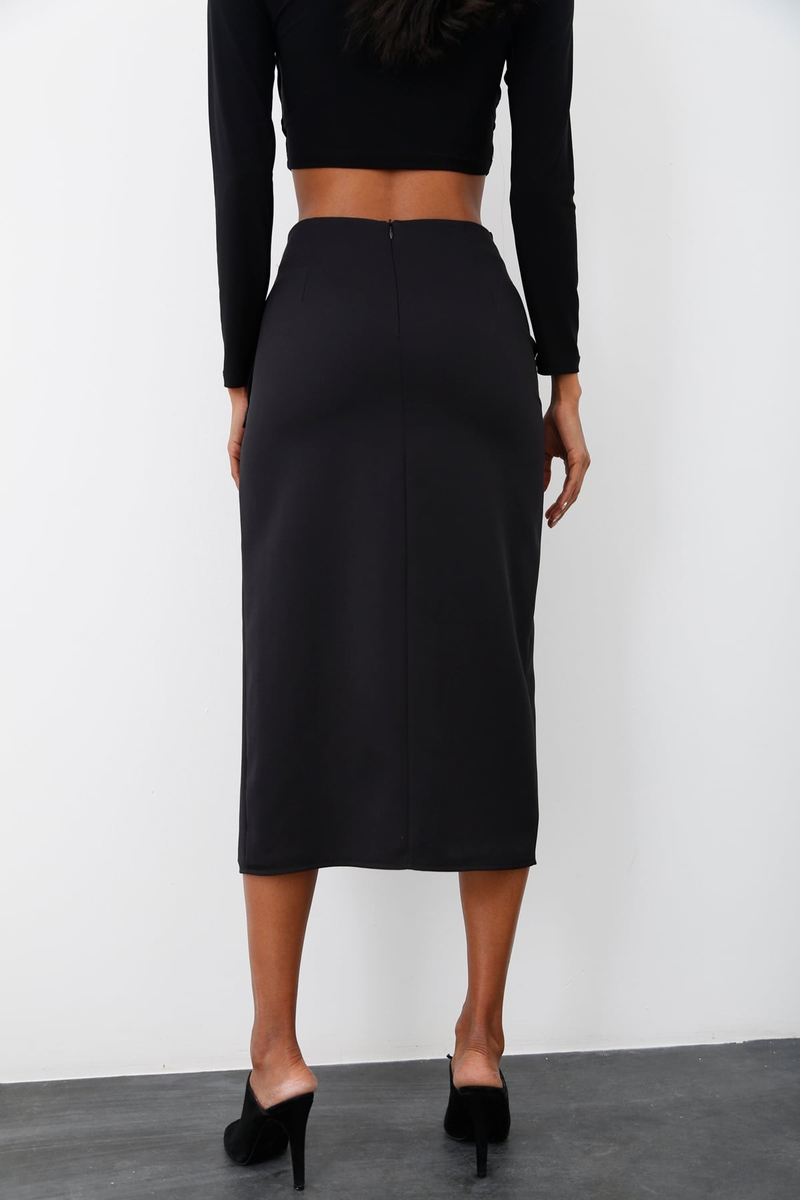 Siyah Drape Detaylı Midi Etek 