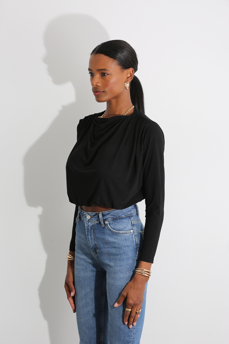 Siyah Drapeli Bluz 1031