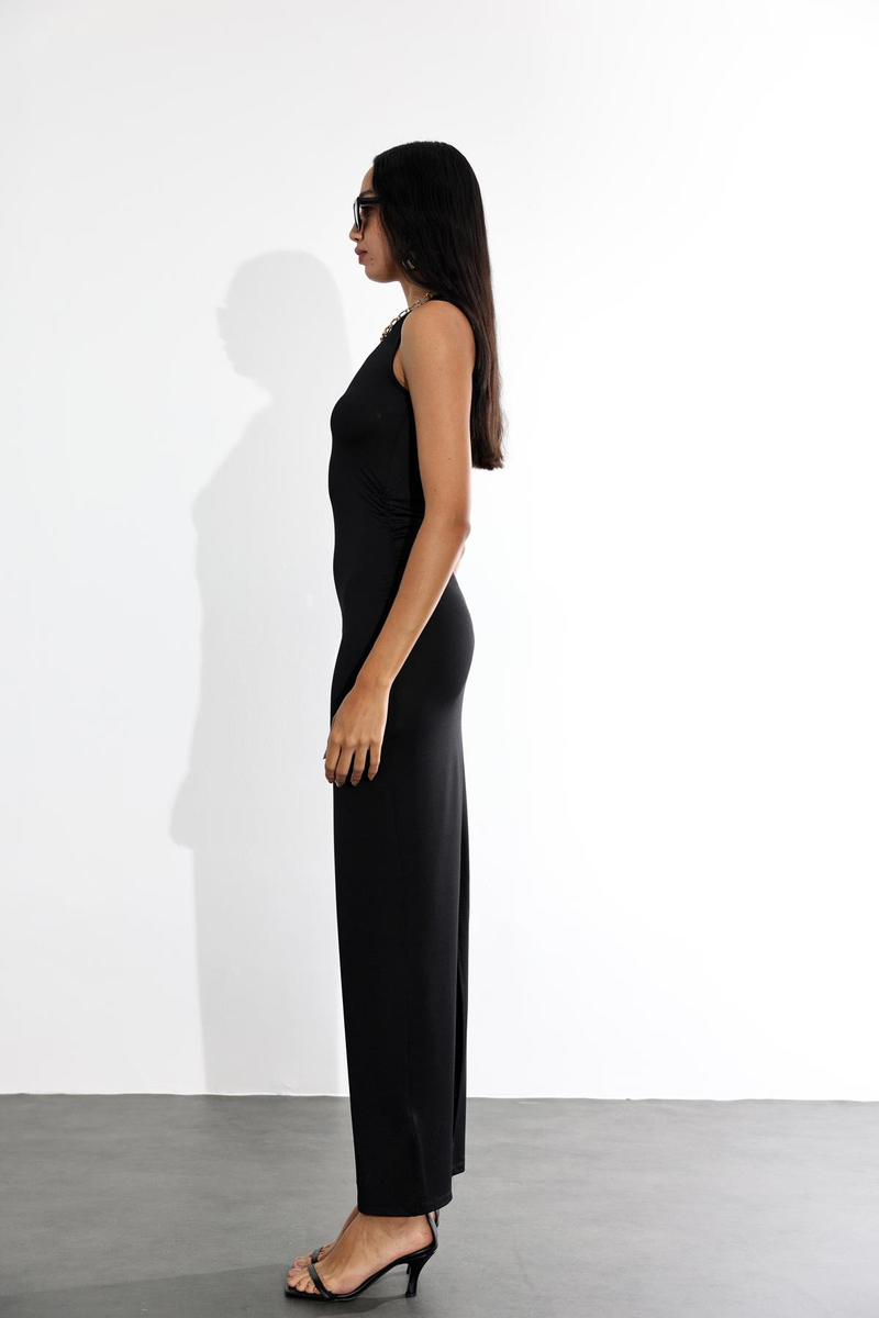 Siyah Drapeli Maxi Boy Elbise 