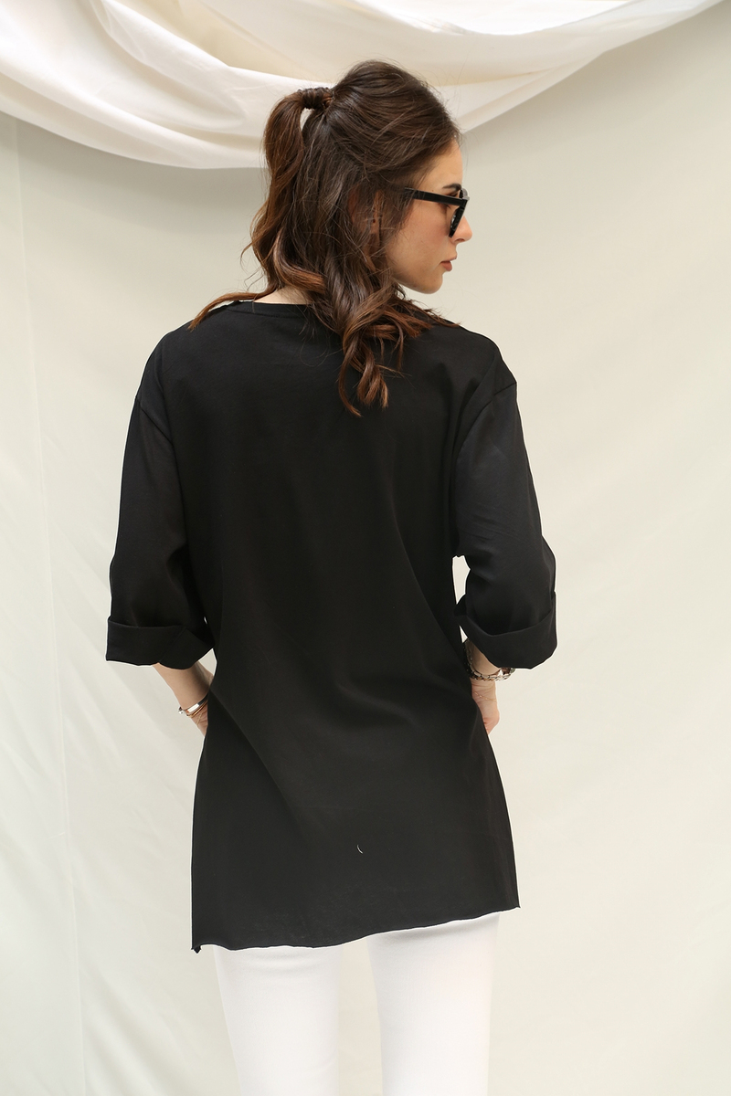 Siyah Duble Kol Boyfriend Tshirt
