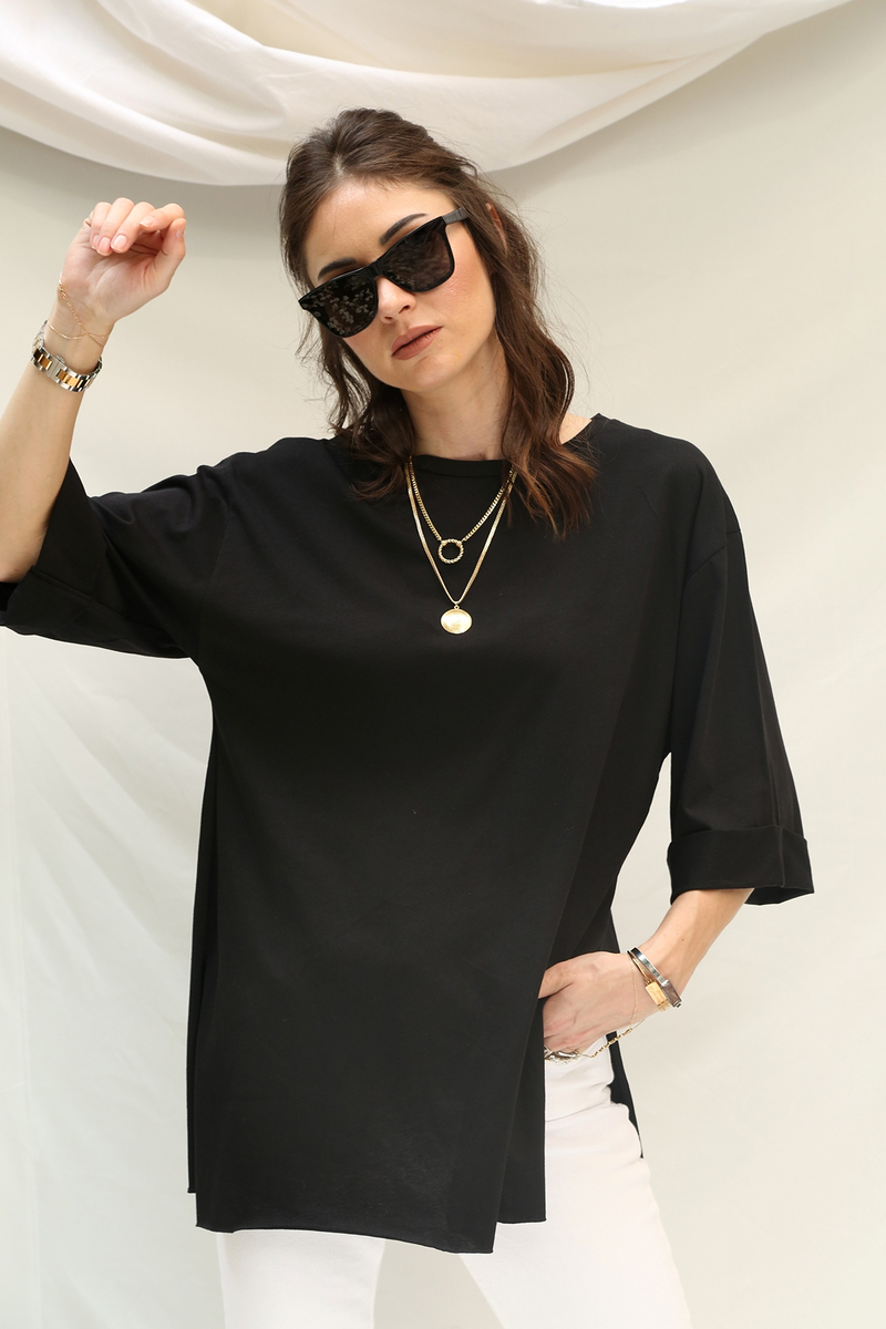 Siyah Duble Kol Boyfriend Tshirt