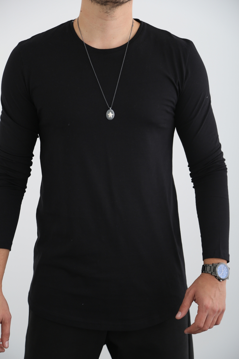 Siyah Erkek Bisiklet Yaka Uzun Kol Tshirt 13012
