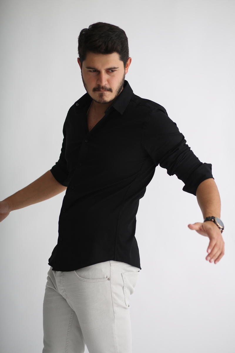 Siyah Erkek Dokuma Slim Fit Gömlek 3770