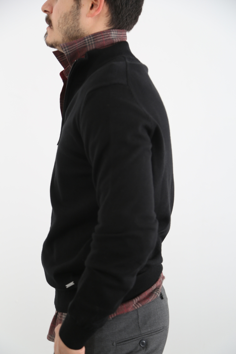 Siyah Erkek Fermuarlı Düz Hırka T1131