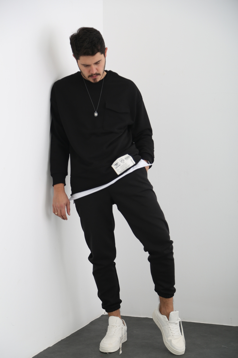 Siyah Erkek Tek Cep Sweatshirt M3205