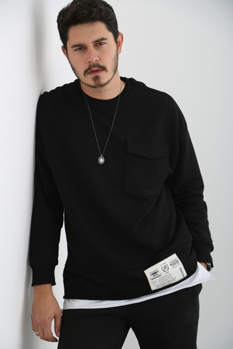 Siyah Erkek Tek Cep Sweatshirt M3205