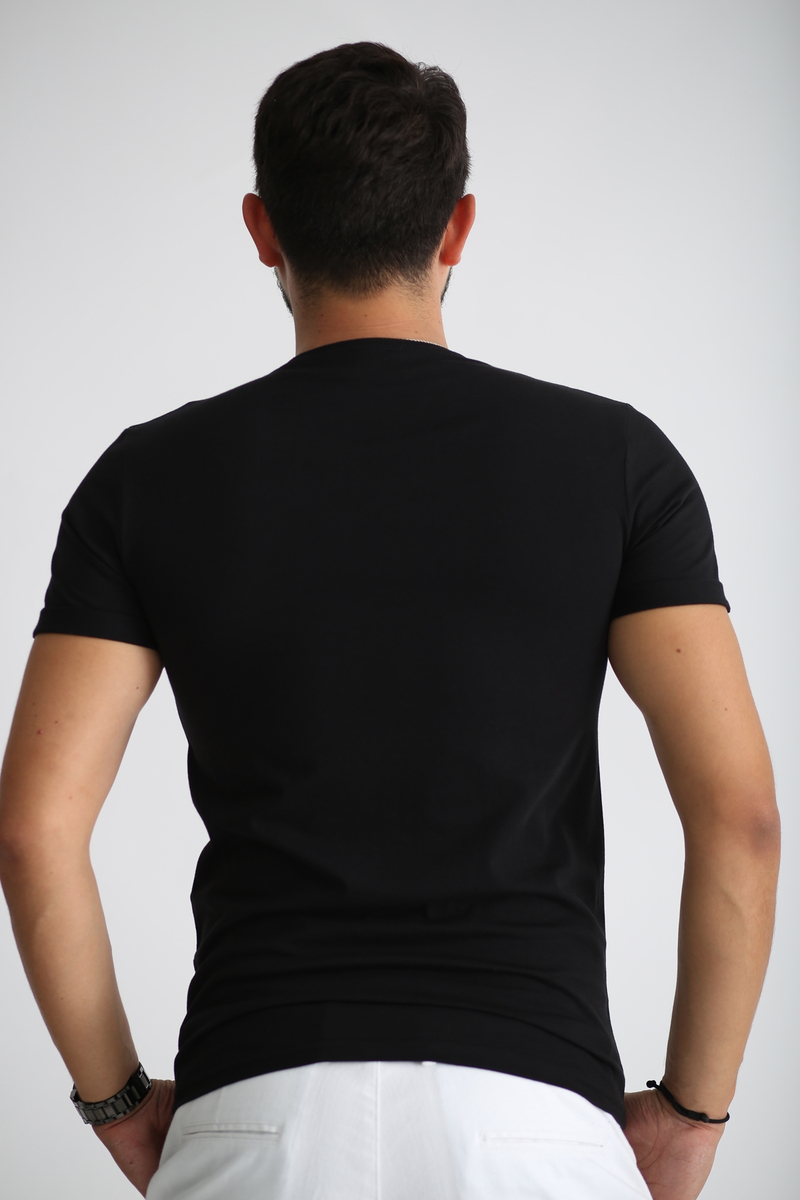 Siyah Erkek V Yaka Duble Kol Tshirt 
