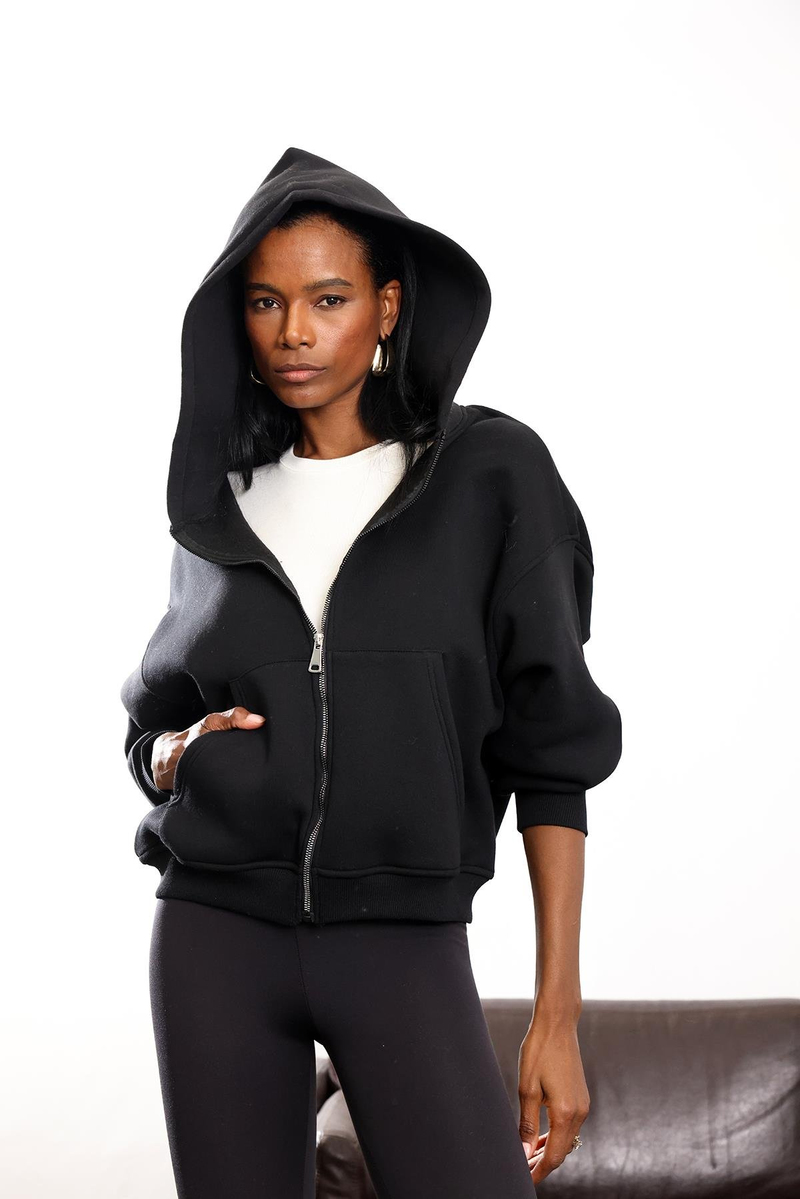 Siyah Fermuarlı Kapüşonlu Sweatshirt 10822