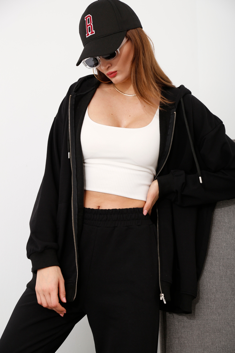 Siyah Fermuarlı Oversize Sweatshirt 14106