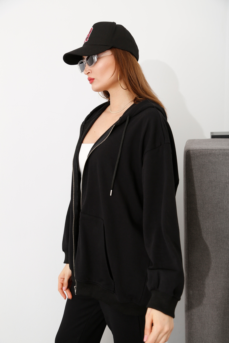 Siyah Fermuarlı Oversize Sweatshirt 14106