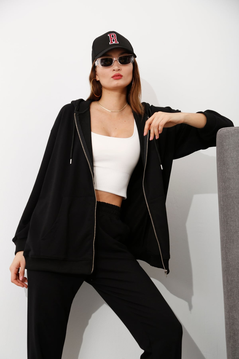 Siyah Fermuarlı Oversize Sweatshirt 14106