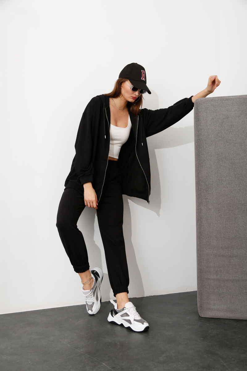 Siyah Fermuarlı Oversize Sweatshirt 14106