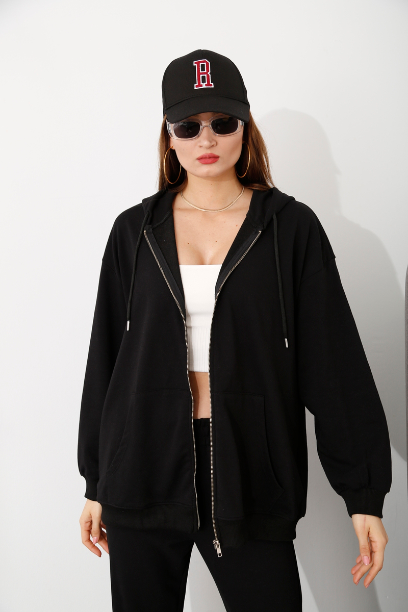 Siyah Fermuarlı Oversize Sweatshirt 14106