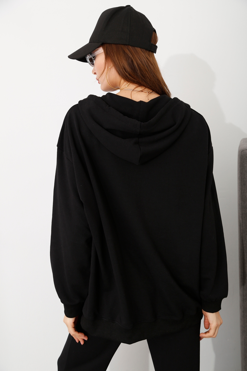 Siyah Fermuarlı Oversize Sweatshirt 14106
