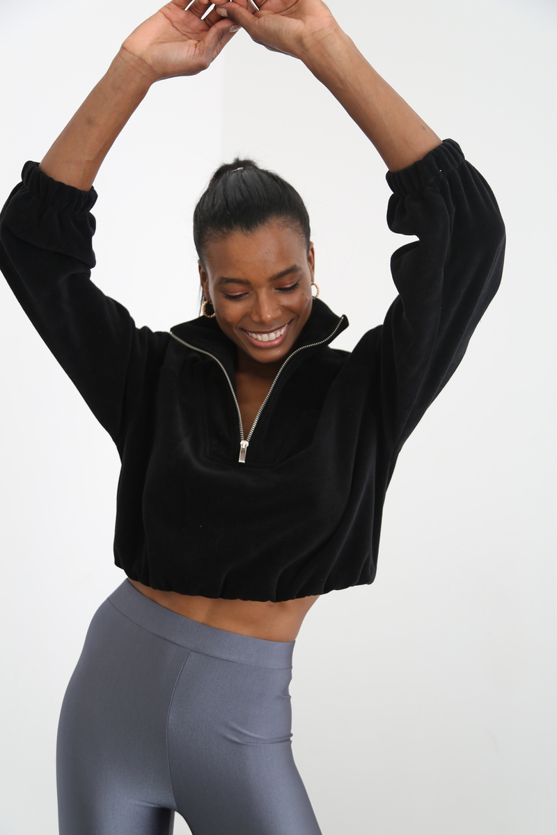 Siyah Fermuarlı Polar Sweatshirt 3406