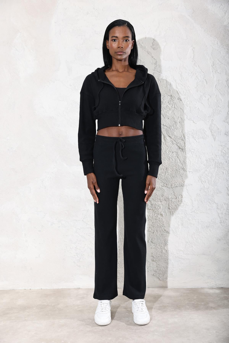 Siyah Fitilli Fermuarlı Sweatshirt Eşofman Takım 